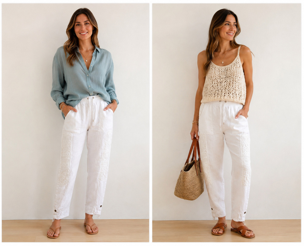 XCVI White Linen Pants Crochet Lace soft knit Elastic Waist tapered rolled hem L